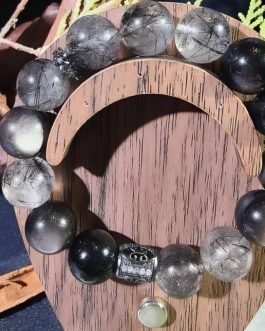 Psychic Armor Bracelet: Silver Sheen Obsidian & Black Rutilated Quartz | Mirror & Spear